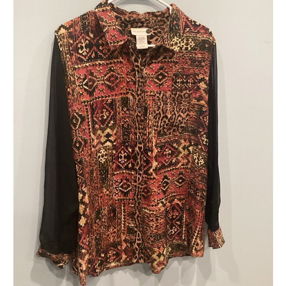 Soft Surroundings Womens Button Up Shirt L Large Orange Animal Print Patchwork